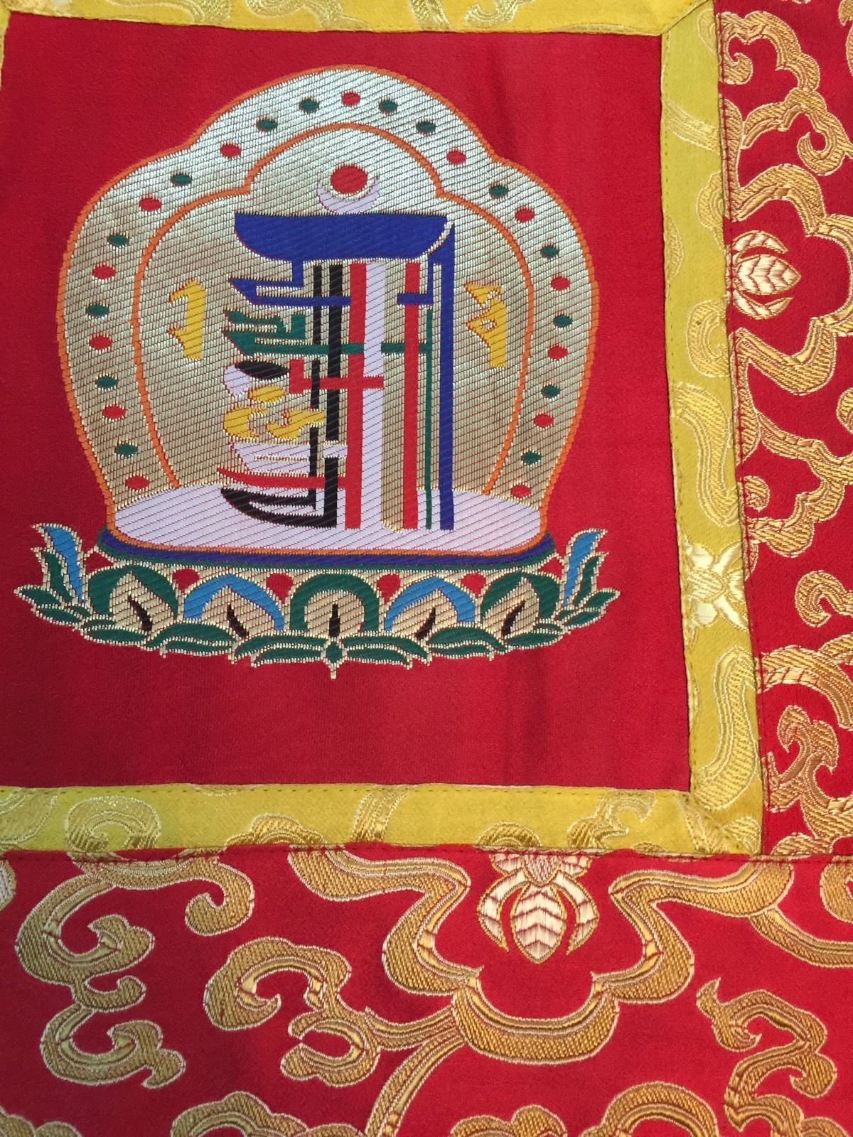 Tibetan Red Kalachakra Silk Brocade Wall Hanging